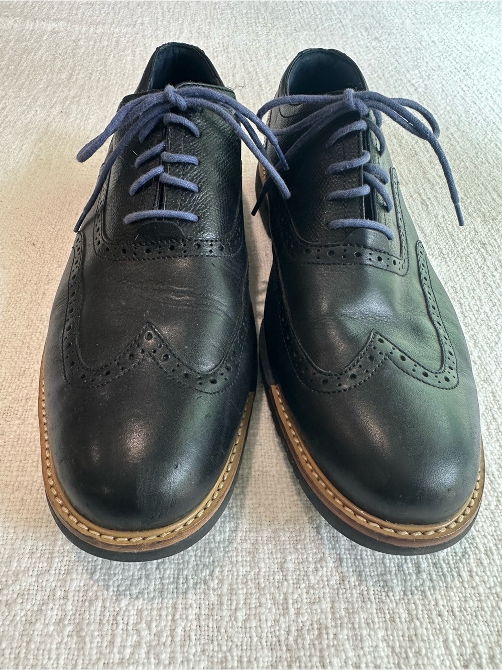 Cole Haan Black Leather Wingtip Oxfords with Tan Contrast Sole and Blue Laces